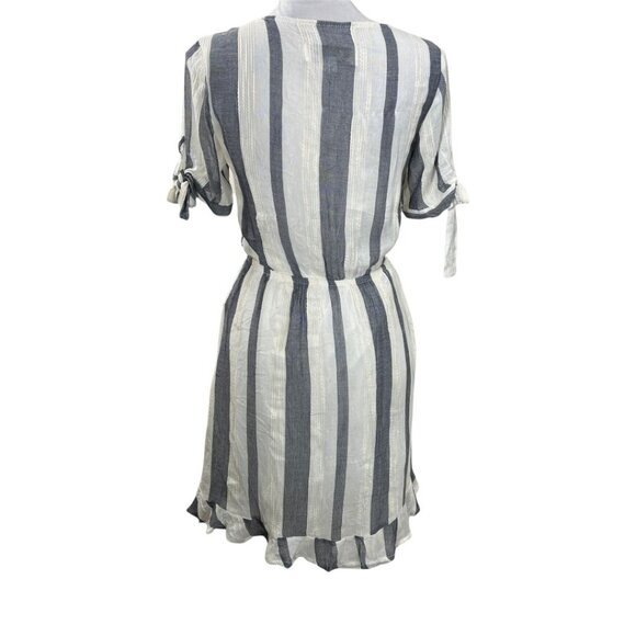 Vintage Havana Striped Mini Dress Medium Gray White Tie Front Short Sleeve - Picture 2 of 8